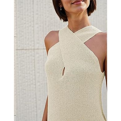 Halter Cross Over Collar Tank Top Soft Knit Sleeveless Summer Blouse