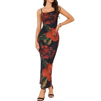 Floral Mesh Dress for Women's Sleeveless Spaghetti Strap Cami Bodycon Maxi Dresses
