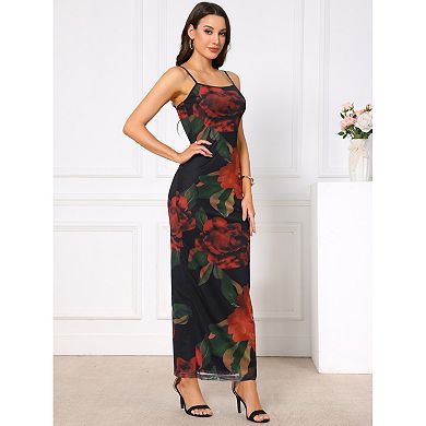 Floral Mesh Dress for Women's Sleeveless Spaghetti Strap Cami Bodycon Maxi Dresses