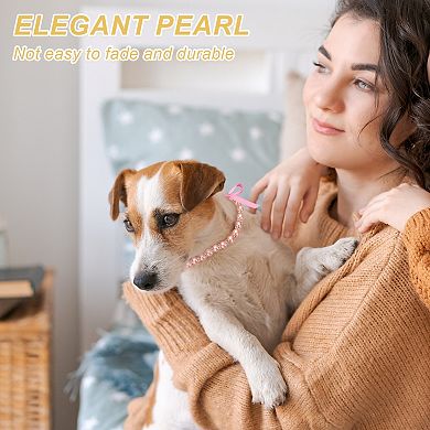 Cats Collar Pearl Necklace, Dog Pearl Necklace Collar with Ribbon Bow 1Pc