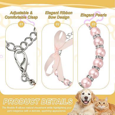 Cats Collar Pearl Necklace, Dog Pearl Necklace Collar with Ribbon Bow 1Pc