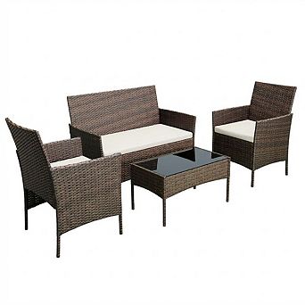 Patio Furniture Set 4 pc Outdoor Conversation Set, All Weather Wicker Rattan Chairs w/ Cushions
