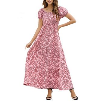 Women's Maternity Square Neck Floral Puff Short Sleeve Smocked Tiered Casual Midi Dress