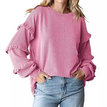 Womens Long Sleeve Tops Ruffle Lantern Sleeve Casual Crew Neck Loose Knit Blouse Tees