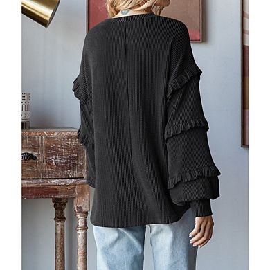 Womens Long Sleeve Tops Ruffle Lantern Sleeve Casual Crew Neck Loose Knit Blouse Tees