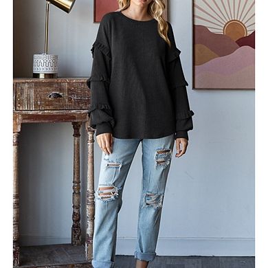 Womens Long Sleeve Tops Ruffle Lantern Sleeve Casual Crew Neck Loose Knit Blouse Tees
