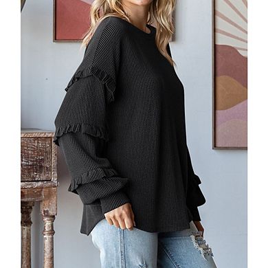 Womens Long Sleeve Tops Ruffle Lantern Sleeve Casual Crew Neck Loose Knit Blouse Tees