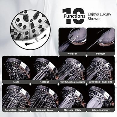 Great Ambitions High Pressure Shower Head with Handheld - 10 Functions,Pause Mode,6ft Hose & Bracket