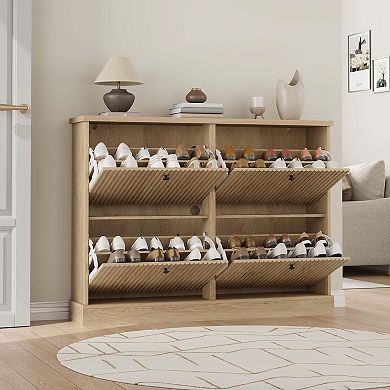 Fluted Shoe Cabinet with 4 Flip Drawers Slim Entryway Shoe Storage Organizer with Adjustable Shelves