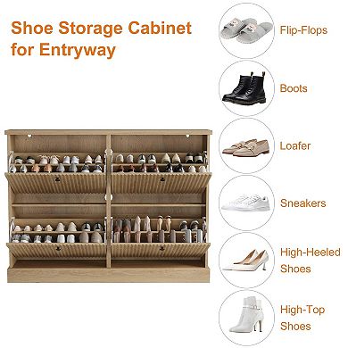 Fluted Shoe Cabinet with 4 Flip Drawers Slim Entryway Shoe Storage Organizer with Adjustable Shelves