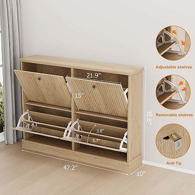Fluted Shoe Cabinet with 4 Flip Drawers Slim Entryway Shoe Storage Organizer with Adjustable Shelves