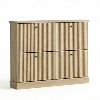 Fluted Shoe Cabinet with 4 Flip Drawers Slim Entryway Shoe Storage Organizer with Adjustable Shelves