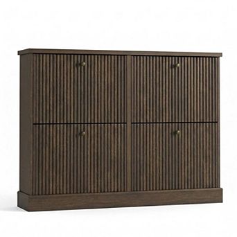 Fluted Shoe Cabinet with 4 Flip Drawers Slim Entryway Shoe Storage Organizer with Adjustable Shelves
