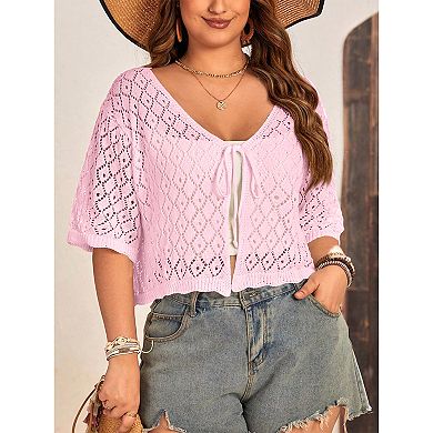 Plus Size Women's Half Sleeve Cardigan Tie Hollow Out Knit Outwear