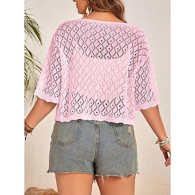 Plus Size Women's Half Sleeve Cardigan Tie Hollow Out Knit Outwear