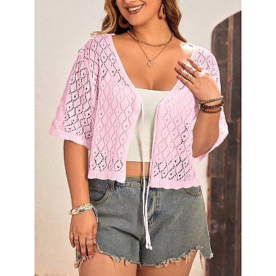 Plus Size Women's Half Sleeve Cardigan Tie Hollow Out Knit Outwear