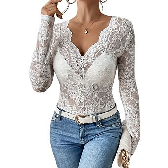 Women Lace Long Sleeve V-Neck Floral Embroidery Mesh Date Outfits Slim Fit See Through Tops