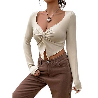 Women's V Neck Long Sleeve Cropped Blouse Top Casual Twist Front Sweetheart Neck Going Out Shirt