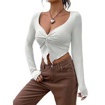 Women's V Neck Long Sleeve Cropped Blouse Top Casual Twist Front Sweetheart Neck Going Out Shirt