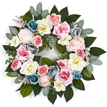 20 Inch Artificial Pink Rose Wreath with Colorful Florals & Eucalyptus Foliage for Indoor Outdoor