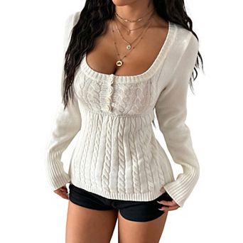 Women's Cable Knit Square Neck Sweater - Button Front Long Sleeve Flared Cuff Casual Winter Top