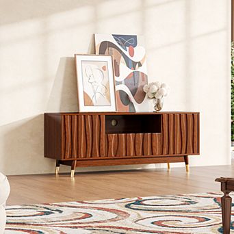55'' Walnut Finish TV Stand, Mid Century Wood Media Console Entertainment Center with Storage, Brown