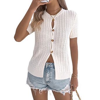 Women's Casual Crochet Knit Cardigan Short Sleeve Button Down Shirt Crewneck Blouse Hollow Out Top