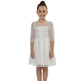 2Bunnies Girls White Long Sleeve Beaded Sequin Tulle Mesh Holiday Party Dress