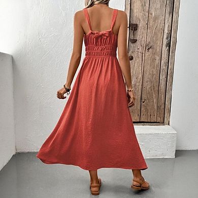 Women's Smocked Casual Spaghetti Strap Swing A Line Long Flowy Beach Maxi Sundress