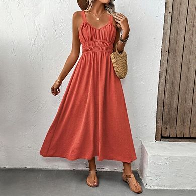Women's Smocked Casual Spaghetti Strap Swing A Line Long Flowy Beach Maxi Sundress
