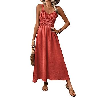 Women's Smocked Casual Spaghetti Strap Swing A Line Long Flowy Beach Maxi Sundress