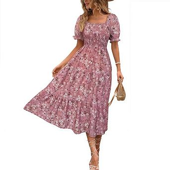 Women's Summer Smocked Midi Dress Casual Puffy Short Sleeve Square Neck Flowy Tiered Ruffle Dresses