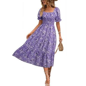 Women's Summer Smocked Midi Dress Casual Puffy Short Sleeve Square Neck Flowy Tiered Ruffle Dresses