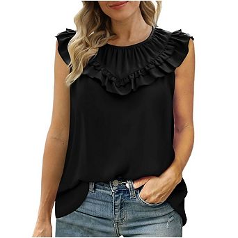 Womens Casual Sleeveless Chiffon Blouse Summer Ruffle Short Sleeve Shirts Crew Neck Cute Blouses