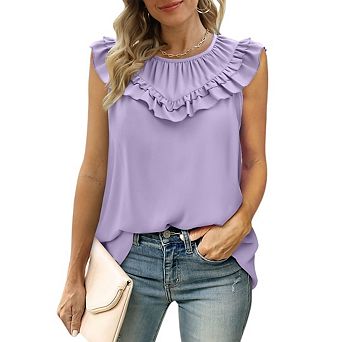 Womens Casual Sleeveless Chiffon Blouse Summer Ruffle Short Sleeve Shirts Crew Neck Cute Blouses