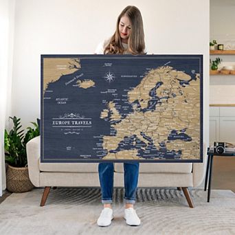 Navy Wood Europe Push Pin Continent Map