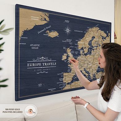 Navy Wood Europe Push Pin Continent Map