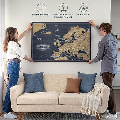 Navy Wood Europe Push Pin Continent Map