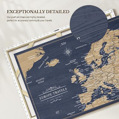 Navy Wood Europe Push Pin Continent Map