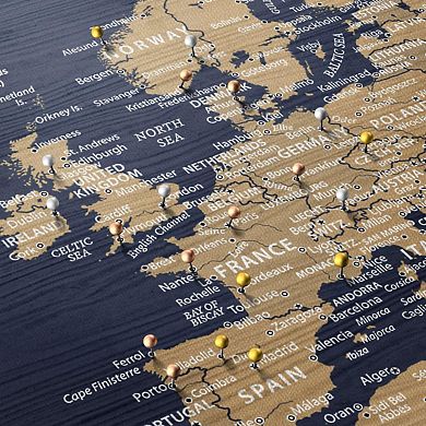 Navy Wood Europe Push Pin Continent Map