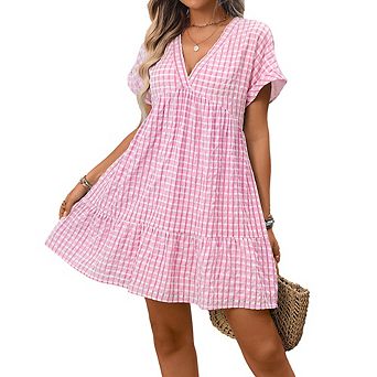 Women's Summer Plaid Sundress V-Neck A-Line Short Sleeve Casual Beach Vacation Dress