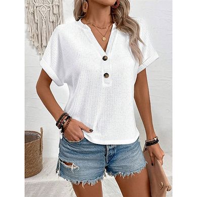Women's V-Neck Cap Sleeve Waffle Knit T-Shirts Casual Button Front Short Sleeve Blouse