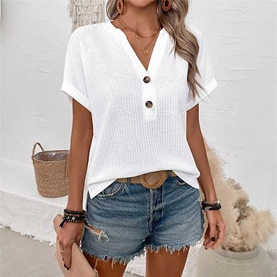 Women's V-Neck Cap Sleeve Waffle Knit T-Shirts Casual Button Front Short Sleeve Blouse