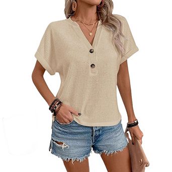 Women's V-Neck Cap Sleeve Waffle Knit T-Shirts Casual Button Front Short Sleeve Blouse