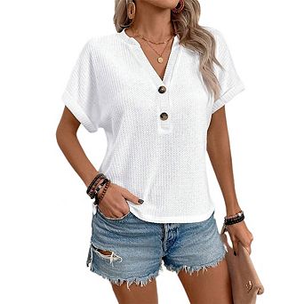 Women's V-Neck Cap Sleeve Waffle Knit T-Shirts Casual Button Front Short Sleeve Blouse