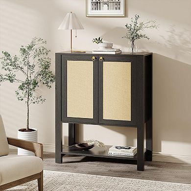Farmhouse Rattan Shoe Cabinet with Doors 5-Tier Narrow Entryway Shoe Storage Organizer