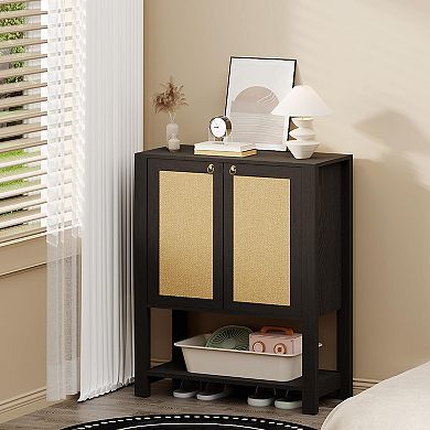 Farmhouse Rattan Shoe Cabinet with Doors 5-Tier Narrow Entryway Shoe Storage Organizer