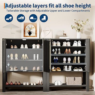 Farmhouse Rattan Shoe Cabinet with Doors 5-Tier Narrow Entryway Shoe Storage Organizer
