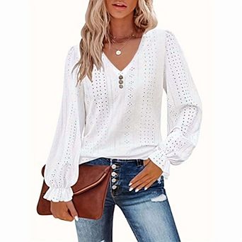 Women's V Neck Tops Long Sleeve Ruffle Dressy Casual Blouse Business Work Trendy T Shirts