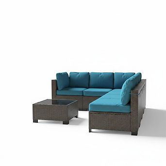 7 pc PE Rattan Wicker Outdoor Patio Furniture Set w/Modular Sectional Sofa, Thick Cushions&Table